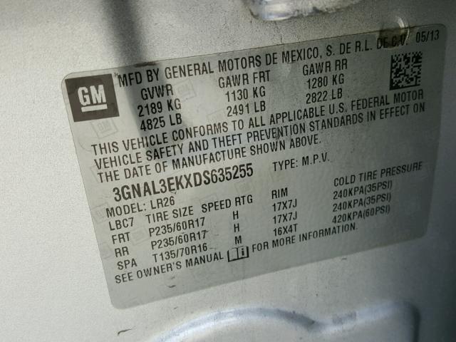 3GNAL3EKXDS635255 - 2013 CHEVROLET CAPTIVA LT SILVER photo 10