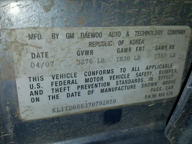 KL1TD66637B792859 - 2007 CHEVROLET AVEO BASE Կապույտ լուսանկար 10