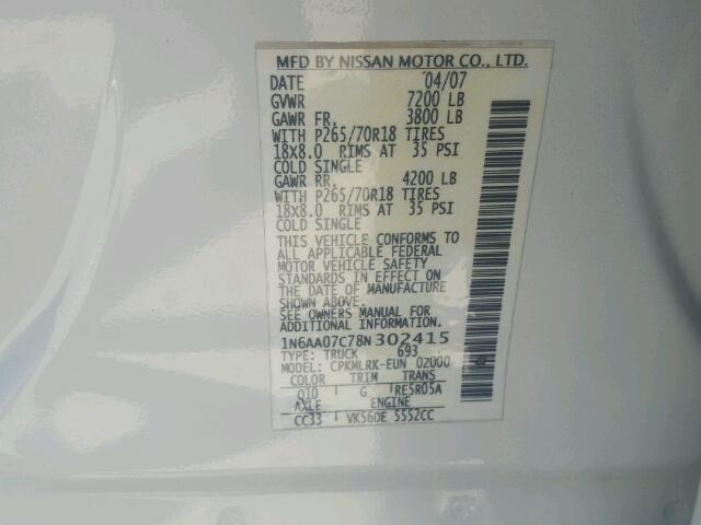 1N6AA07C78N302415 - 2008 NISSAN TITAN XE WHITE photo 10