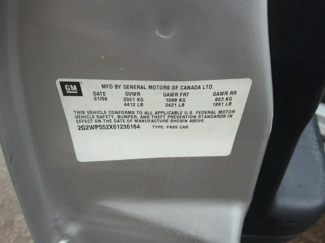 2G2WP552X61236184 - 2006 PONTIAC GRAND PRIX SILVER photo 10