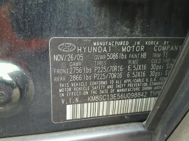 KM8SC13E56U098842 - 2006 HYUNDAI SANTA FE G BLACK photo 10