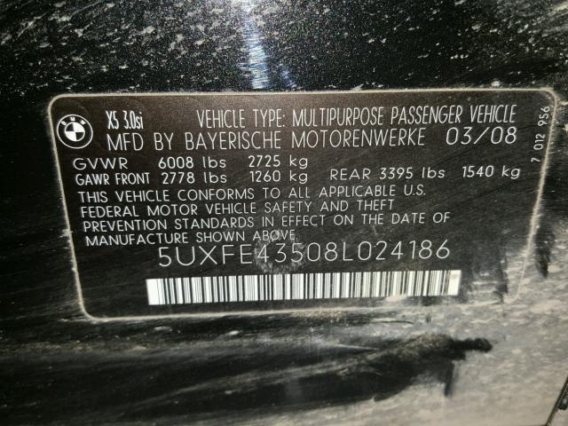 5UXFE43508L024186 - 2008 BMW X5 3.0I BLACK photo 10