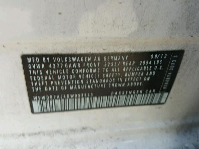 WVWDB7AJ4DW093653 - 2013 VOLKSWAGEN GOLF 白色 照片 10