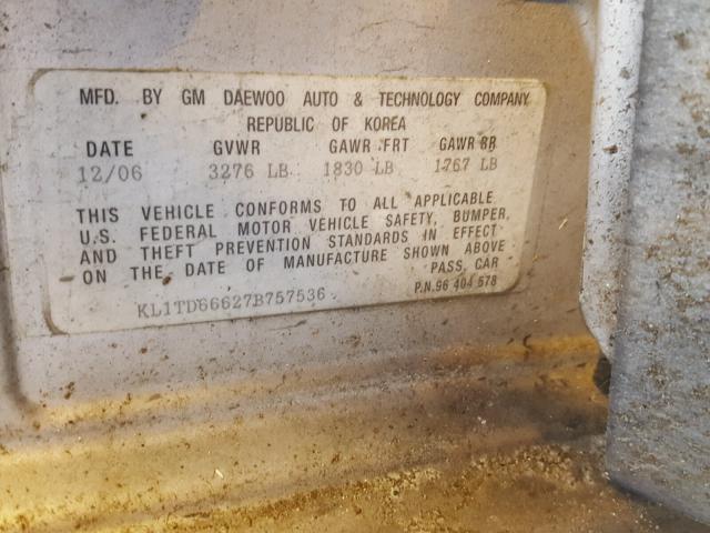 KL1TD66627B757536 - 2007 CHEVROLET AVEO BASE Gümüş fotoğraf 10