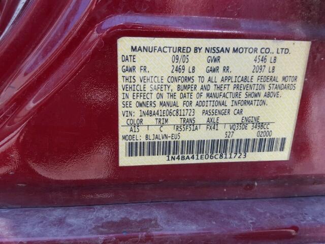 1N4BA41E06C811723 - 2006 NISSAN MAXIMA SE RED photo 10