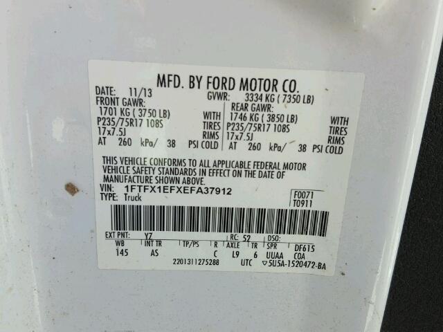 1FTFX1EFXEFA37912 - 2014 FORD F150 SUPER WHITE photo 10