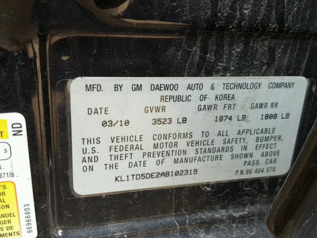 KL1TD5DE2AB102319 - 2010 CHEVROLET AVEO LS 黑色 照片 10