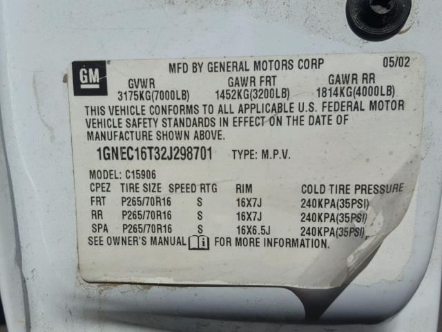 1GNEC16T32J298701 - 2002 CHEVROLET SUBURBAN C WHITE photo 10