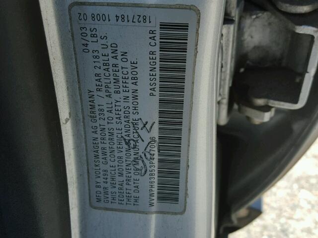 WVWPH63B53P447006 - 2003 VOLKSWAGEN PASSAT GLS SILVER photo 10