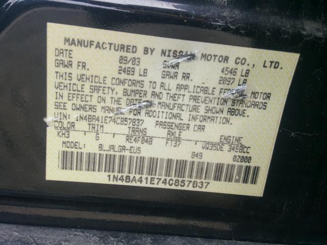 1N4BA41E74C857837 - 2004 NISSAN MAXIMA SE BLACK photo 10