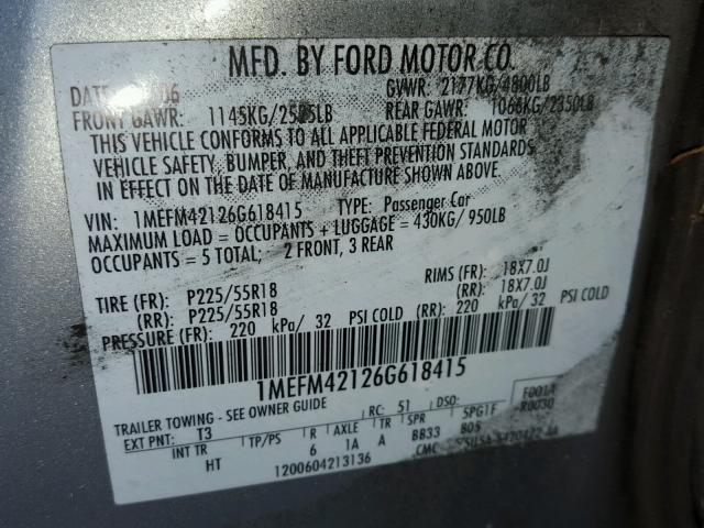 1MEFM42126G618415 - 2006 MERCURY MONTEGO PR 银色 照片 10