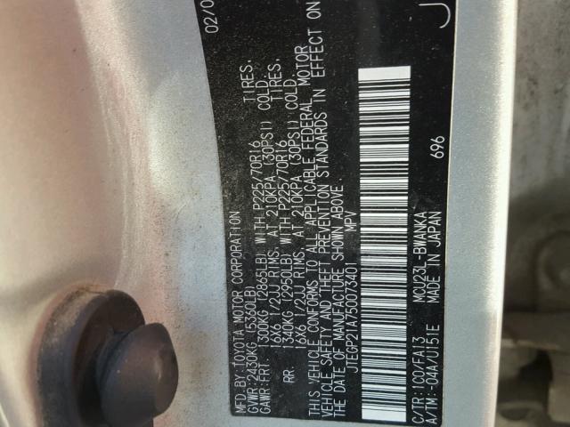 JTEGP21A750073401 - 2005 TOYOTA HIGHLANDER SILVER photo 10