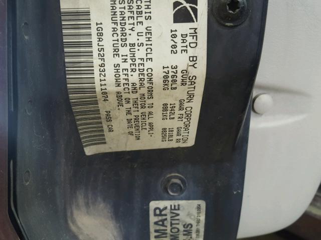 1G8AJ52F93Z111074 - 2003 SATURN ION LEVEL BURGUNDY photo 10