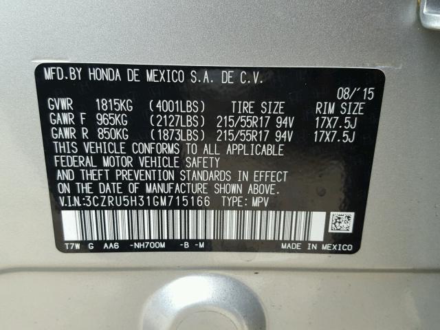 3CZRU5H31GM715166 - 2016 HONDA HR-V LX SILVER photo 10