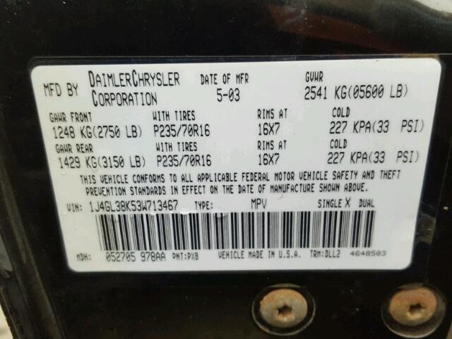 1J4GL38K53W713467 - 2003 JEEP LIBERTY RE BLACK photo 10