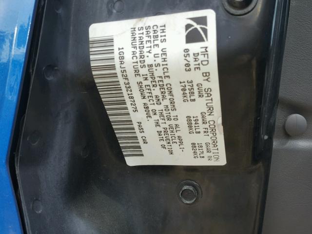 1G8AJ52F33Z187275 - 2003 SATURN ION LEVEL ლურჯი ფოტო 10