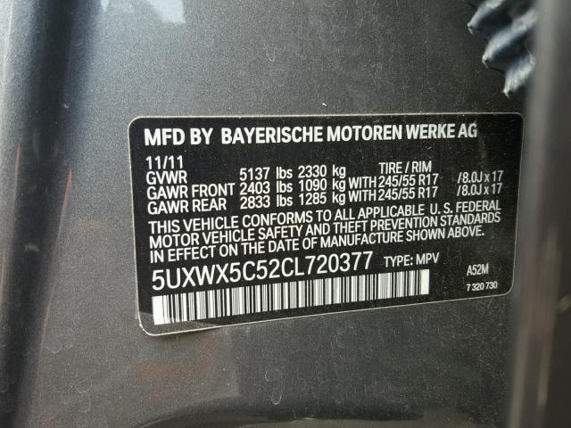 5UXWX5C52CL720377 - 2012 BMW X3 XDRIVE2 GRAY photo 10