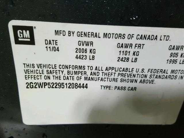 2G2WP522951208444 - 2005 PONTIAC GRAND PRIX ლურჯი ფოტო 10