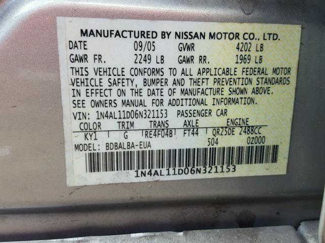 1N4AL11D06N321153 - 2006 NISSAN ALTIMA S GRAY photo 10