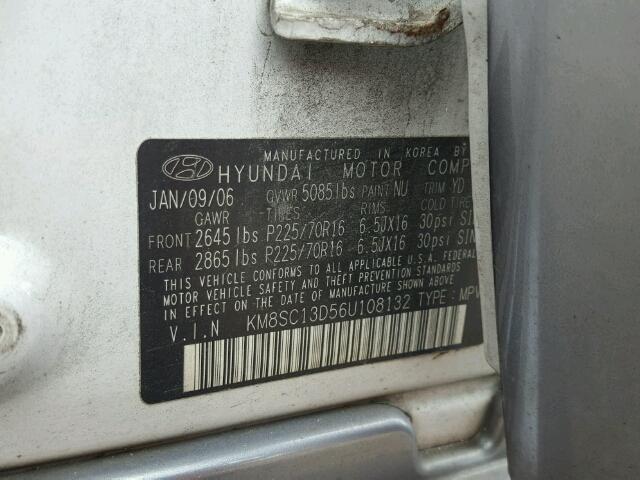 KM8SC13D56U108132 - 2006 HYUNDAI SANTA FE G WHITE photo 10