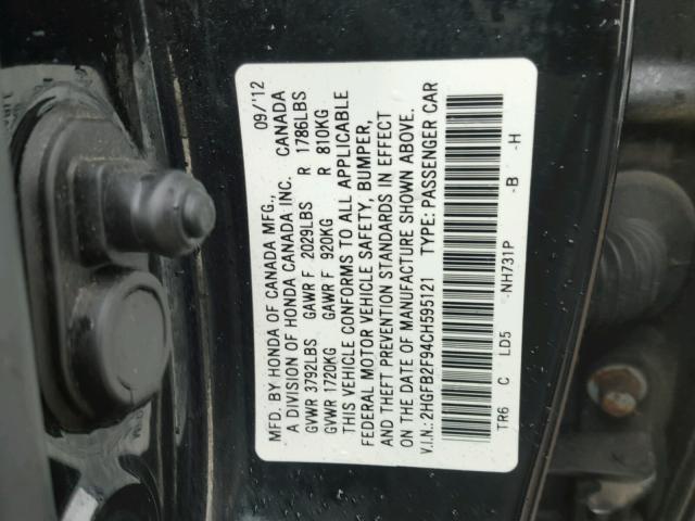 2HGFB2F94CH595121 - 2012 HONDA CIVIC EXL BLACK photo 10