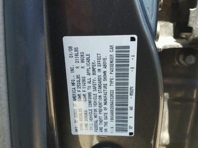 19UUA66208A032822 - 2008 ACURA TL SILVER photo 10