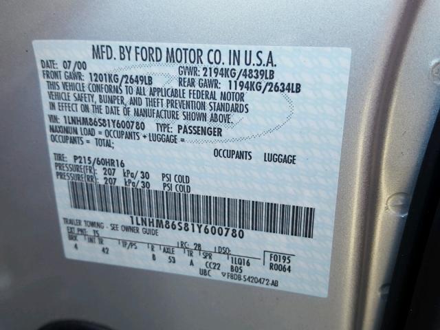 1LNHM86S81Y600780 - 2001 LINCOLN LS SILVER photo 10