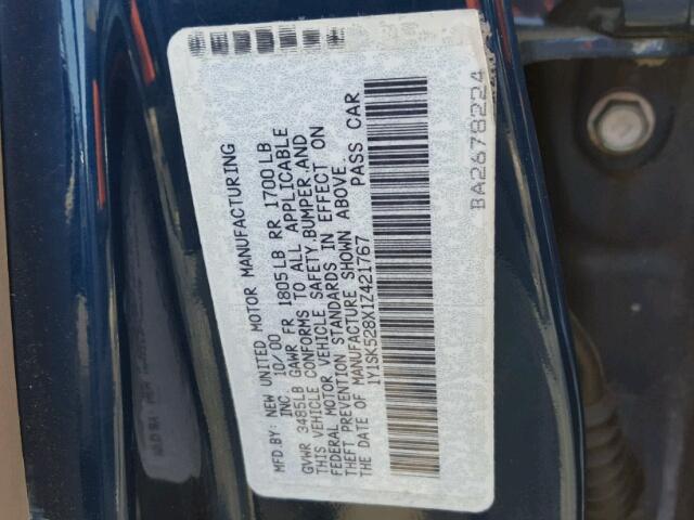 1Y1SK528X1Z421767 - 2001 CHEVROLET GEO PRIZM 青色 照片 10