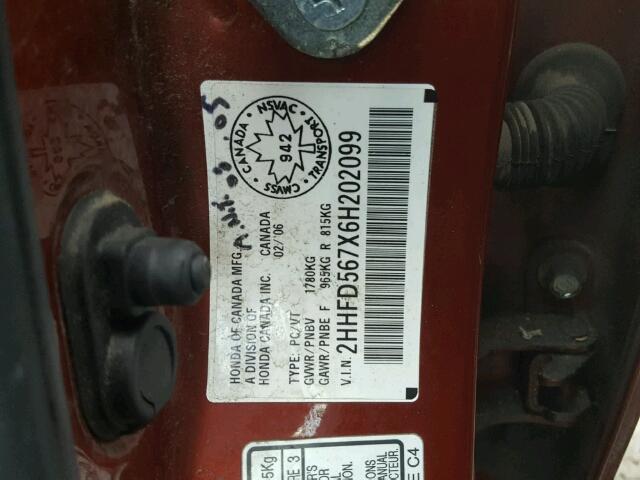 2HHFD567X6H202099 - 2006 ACURA CSX PREMIU RED photo 10