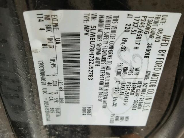 5LMEU78H73ZJ52783 - 2003 LINCOLN AVIATOR 黑色 照片 10