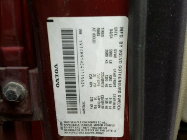 YV1CM91H541115634 - 2004 VOLVO XC90 T6 RED photo 10