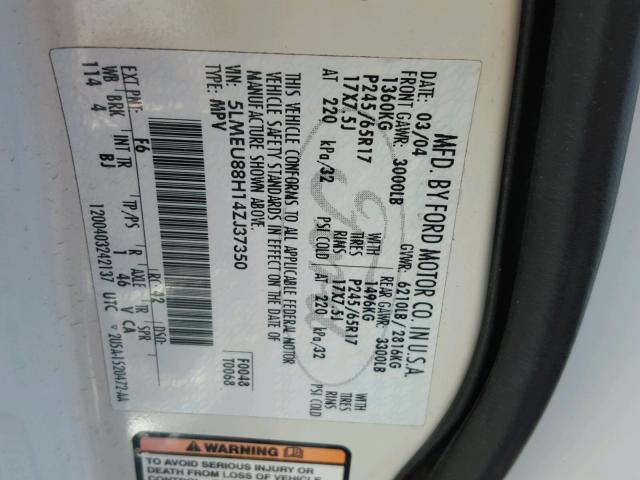 5LMEU88H14ZJ37350 - 2004 LINCOLN AVIATOR 白色 照片 10