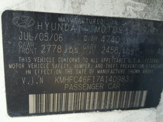 KMHFC46F17A140983 - 2007 HYUNDAI AZERA SE WHITE photo 10