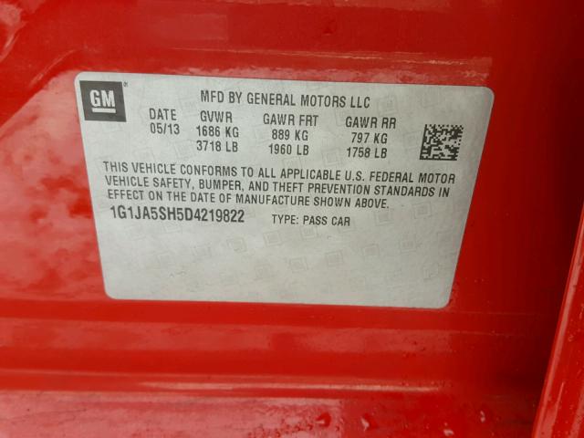 1G1JA5SH5D4219822 - 2013 CHEVROLET SONIC LS 红色 照片 10