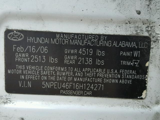 5NPEU46F16H124271 - 2006 HYUNDAI SONATA GLS WHITE photo 10