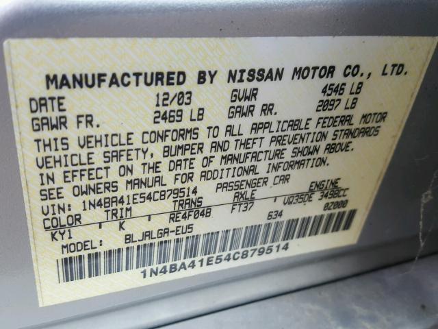 1N4BA41E54C879514 - 2004 NISSAN MAXIMA SE SILVER photo 10