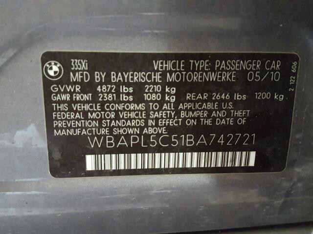 WBAPL5C51BA742721 - 2011 BMW 335 XI GRAY photo 10