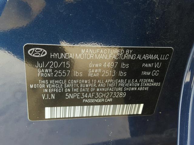 5NPE34AF3GH273289 - 2016 HYUNDAI SONATA SPO BLUE photo 10