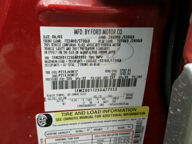 1FMZK01125GA77553 - 2005 FORD FREESTYLE RED photo 10