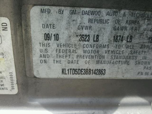 KL1TD5DE3BB142863 - 2011 CHEVROLET AVEO LS GRAY photo 10