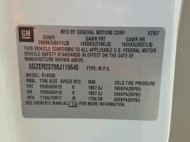 5GZER23788J119645 - 2008 SATURN OUTLOOK XR თეთრი ფოტო 10