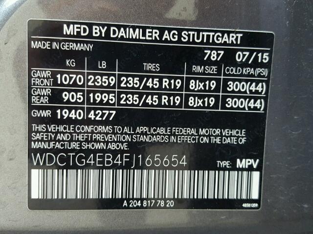 WDCTG4EB4FJ165654 - 2015 MERCEDES-BENZ GLA 250 CHARCOAL photo 10