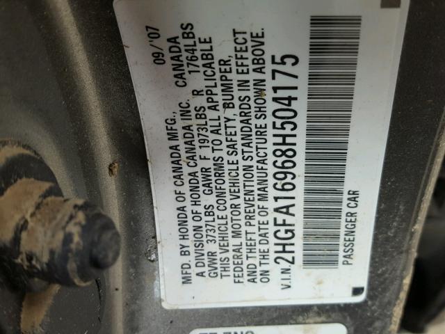 2HGFA16968H504175 - 2008 HONDA CIVIC EXL Boz foto 10