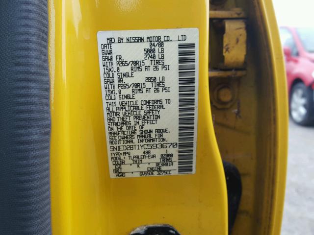 5N1ED28T1YC593670 - 2000 NISSAN XTERRA XE YELLOW photo 10