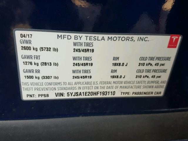 5YJSA1E20HF193110 - 2017 TESLA MODEL S BLUE photo 10