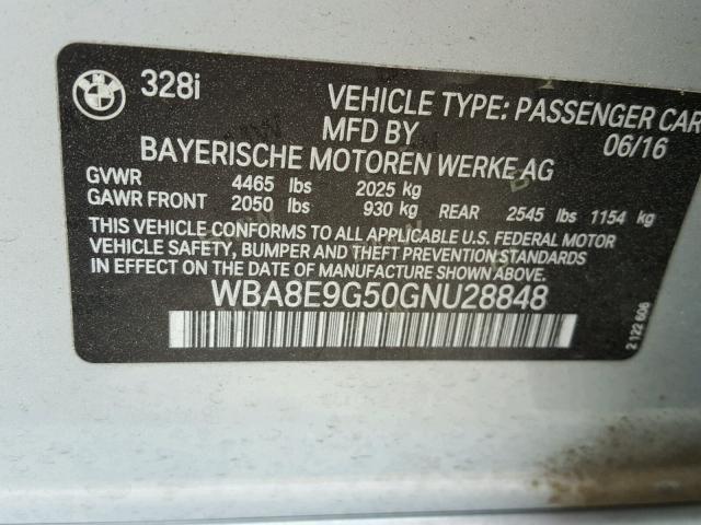 WBA8E9G50GNU28848 - 2016 BMW 328 I SULE SILVER photo 10