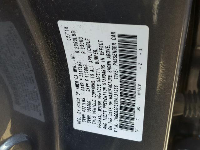 1HGCR2F52GA131356 - 2016 HONDA ACCORD SPO GRAY photo 10