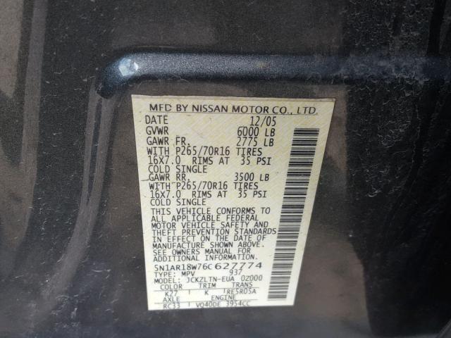 5N1AR18W76C627774 - 2006 NISSAN PATHFINDER GRAY photo 10