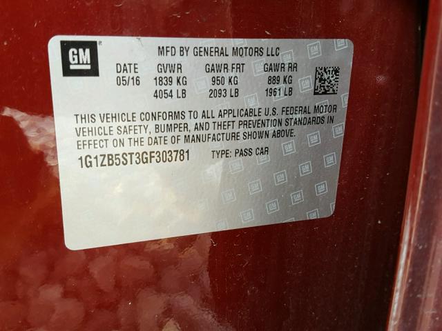 1G1ZB5ST3GF303781 - 2016 CHEVROLET MALIBU LS მუქწითელი ფოტო 10