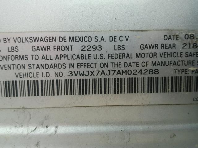 3VWJX7AJ7AM024288 - 2010 VOLKSWAGEN JETTA S 银色 照片 10